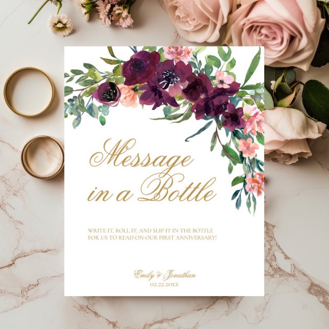 Florale Botschaft in einem Flaschenabzeichen Hochz Poster (Message in a Bottle Wedding Sign, Burgundy Blush Pink Florals, Gold Script Calligraphy, Fall Winter )