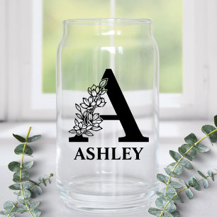 Florale Buchstaben A Monogramm und Personalisierte Dosenglas