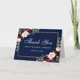 Florale Burgunderblaue Hochzeit Danke-Faltkarte Dankeskarte