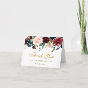 Florale Burgunderblaue Hochzeit Gold Danksagungska Dankeskarte