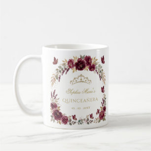 Florale Butterfly-Burgunder-Gold-Tiara Quinceañera Kaffeetasse