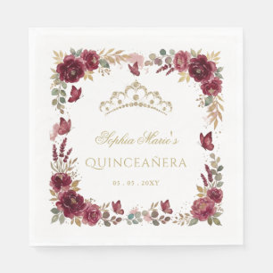 Florale Butterfly-Burgunder-Gold-Tiara-Quinceañera Serviette