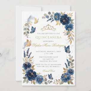 Florale Butterfly-Navy-Gold-Tiara-Quinceañera Einladung