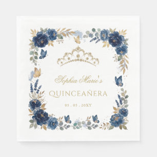 Florale Butterfly Navy Gold Tiara Quinceañera Serviette