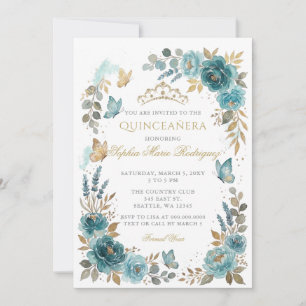 Florale Butterfly Türkis Gold Tiara Quinceañera Einladung