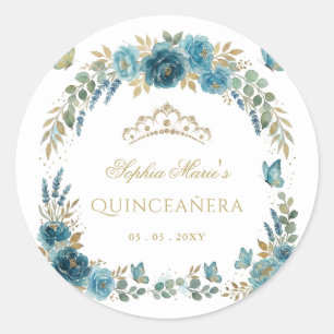 Florale Butterfly Türkis Gold Tiara Quinceañera Runder Aufkleber