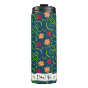 Florale Damast-Sonnenblume Boho-Navyblau-Folk-A Thermosbecher