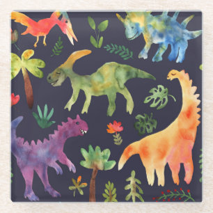 Florale Dinosaurier: Wasserfarben-Stoffdesign Glasuntersetzer