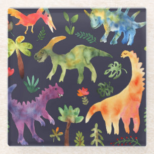 Florale Dinosaurier: Wasserfarben-Stoffdesign Glasuntersetzer