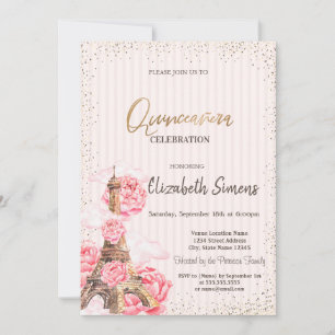Florale Eiffelturm-Konfetti-gestreifte Quinceañera Einladung