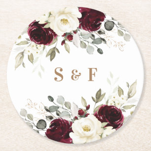 Florale elegante burgundergrüne Gold Hochzeit Runder Pappuntersetzer