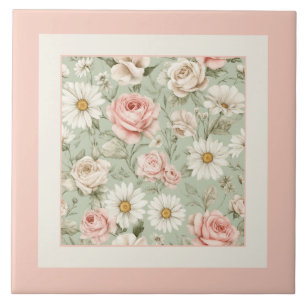 Florale Gänseblümchen Rosen Aquarell Rosa Fliese