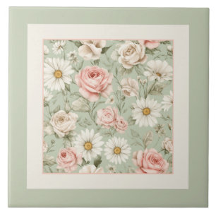 Florale Gänseblümchen Rosen Aquarell Salbeigrün Fliese