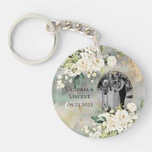 Florale Gold-Botanik-Cream-Foto-Namen-Hochzeit Schlüsselanhänger