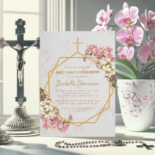 Florale Gold Orchideen Marmor Erste Heilige Kommun Einladung