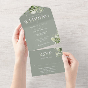 Florale Grüntypografie Sage Green Hochzeit All In One Einladung