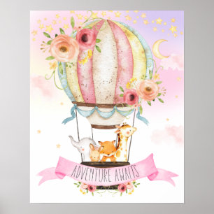 Florale Heißluftballon-Tiere Abenteuer wartet Poster
