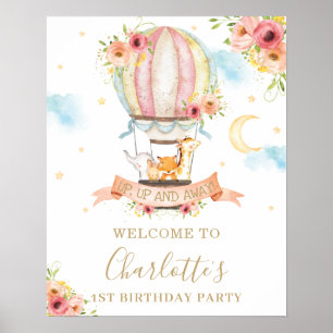 Florale Heißluftballon-Tiere Geburtstags-Willkomme Poster