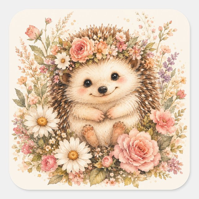 Florale Igel-Wasserfarbenkunst Quadratischer Aufkleber (Vorderseite)