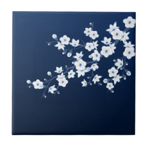 Florale Kirschblüten Navyblau Weiß Fliese