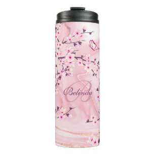 Florale Kirschblüten Rosa Marmor Name Monogramm Thermosbecher