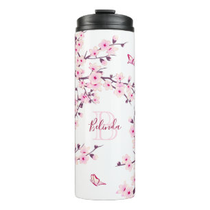 Florale Kirschblüten Rosa Weiß Name Monogramm  Thermosbecher