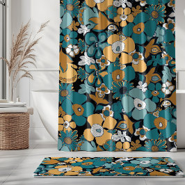 Florale Kritzeleien Aqua Türkis Senf Schwarz Weiß Duschvorhang