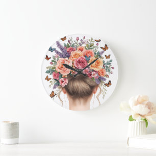 Florale Kronenfrau mit Rosen und Schmetterlingen W Große Wanduhr