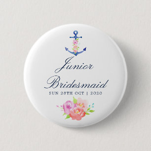 Florale nautische Hochzeit Junior-Brautjungfer Button