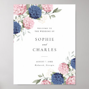 Florale Navy Blau Rosa Hortensien Hochzeits Willko Poster