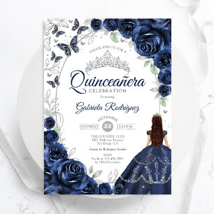 Florale Navy Silber Quinceanera Einladung