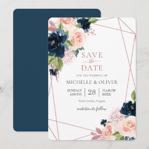 Florale Navy- und Rosé-farbene geometrische Save-t Einladung