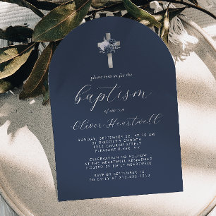 Florale Navyblaue Silberkreuz-Bogen-Jungen-Taufe Einladung