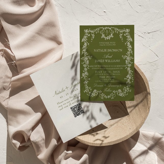 Florale olivgrüne Garten-QR-Code Retro-Hochzeit Einladung (Von Creator hochgeladen)