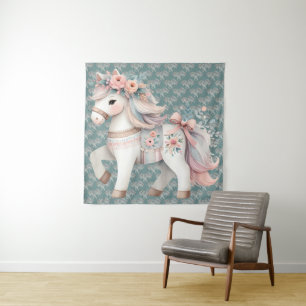 Florale Pastell-Pferd-Fantasy-Illustration Wandteppich