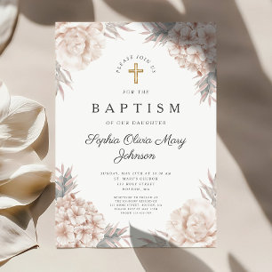 Florale Pfingstrosen Gold Kreuz Mädchen Religiöse Einladung