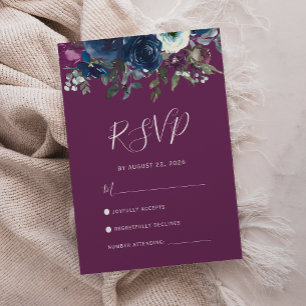 Florale Pflaume Marineblaue Aquarell-Hochzeits-RSV RSVP Karte