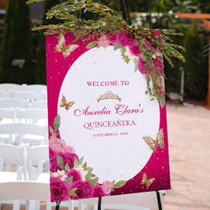 Florale pinke goldene Tiara Schmetterling Quinceañ Poster