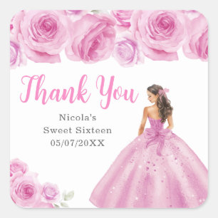 Florale Prinzessin in einem rosa Kleid Sweet Sixte Quadratischer Aufkleber