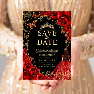 Florale Quinceanera Schwarz Rot Gold Save The Date