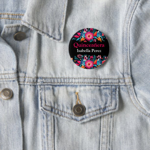 Florale Quinceanera Schwarze Mexikanische Fiesta Button