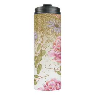 *~* Florale rosa Rosen blaue Margerite goldener Gl Thermosbecher