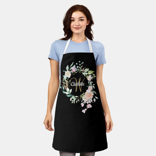 Florale Rosen Monogramm Schwarz und Gold Schürze (Getragen)