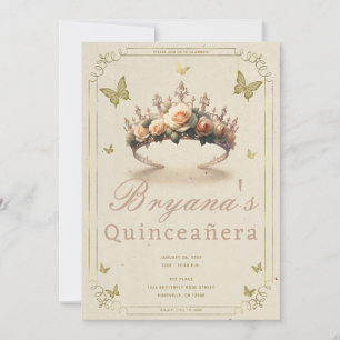 Florale Rosen Tiara & Goldene Schmetterlinge Quinc Einladung