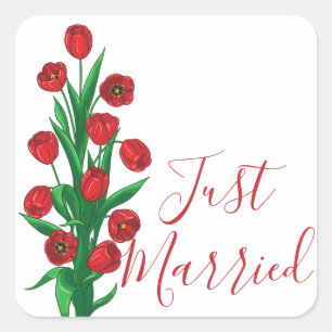 Florale rote Just Married Tulpen Hochzeitsblumen Quadratischer Aufkleber