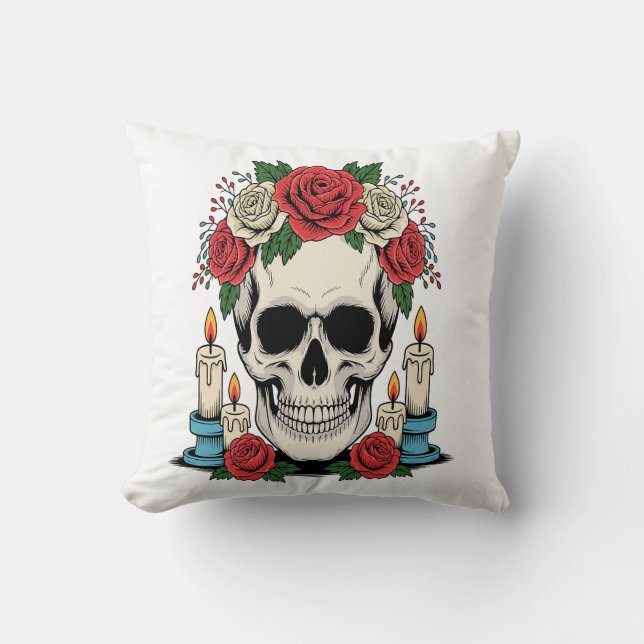 Florale Schädel mit Kerzen Halloween Kissen (Vorderseite)