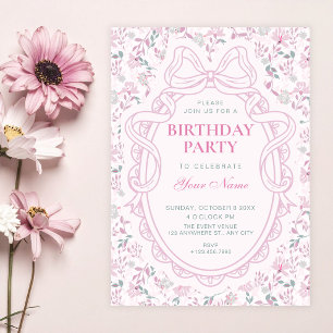 Florale Schleife rosa weicher Geburtstag Einladung
