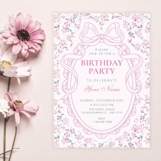 Florale Schleife rosa weicher Geburtstag Einladung