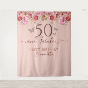 Florale Schmetterlinge Rosa Happy 50. Geburtstag Wandteppich
