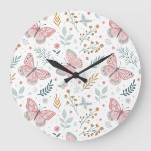 Florale Schmetterlings-Pastell-Garten-Botanik-Eleg Große Wanduhr